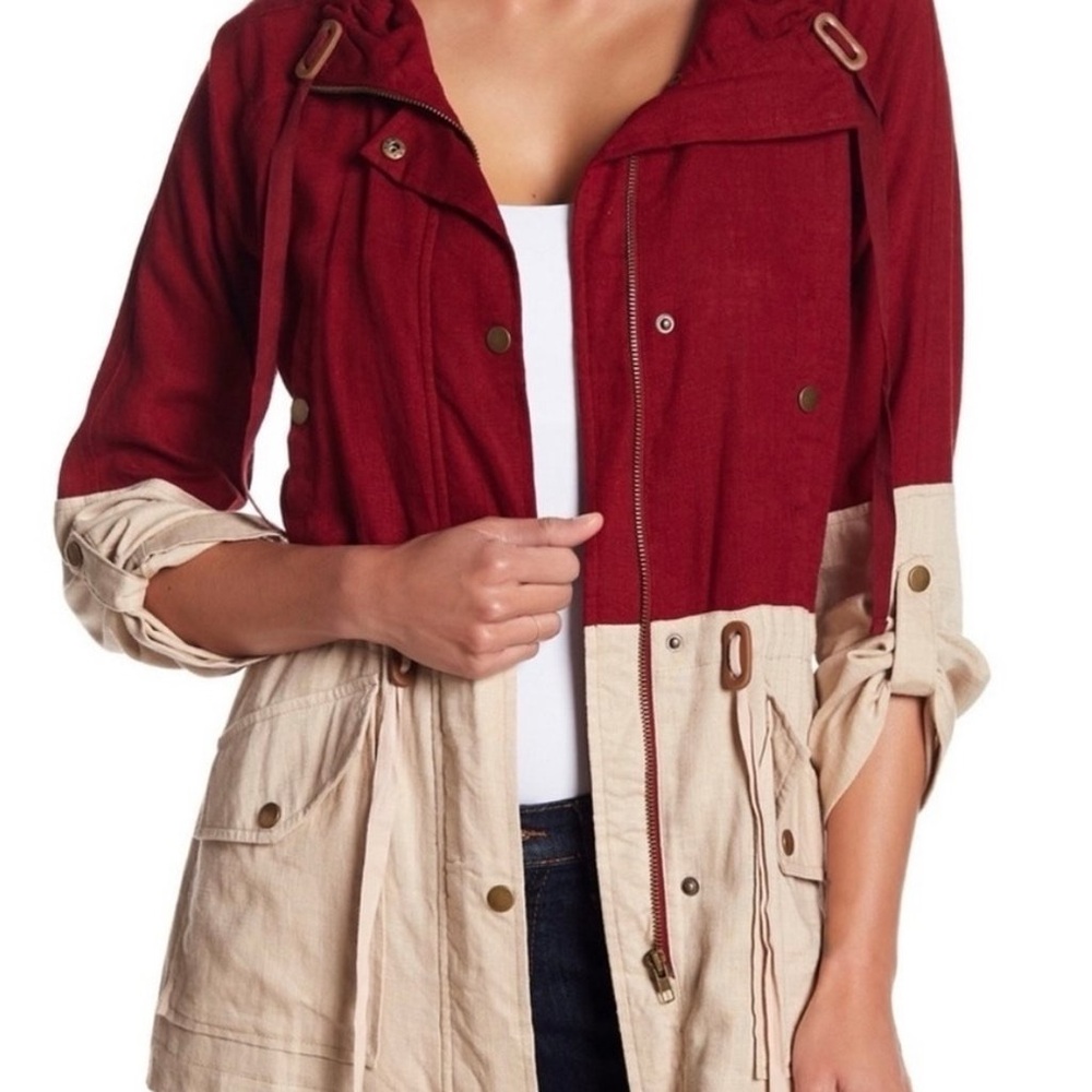 Blu Pepper Maroon and Cream Color Block Fall Jacket
